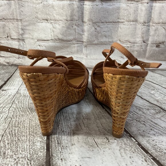 PRADA Tan Wedge Sandals Strappy Design & Woven Platform Sole Sz 8.5 US 38.5 EU - Picture 4 of 9